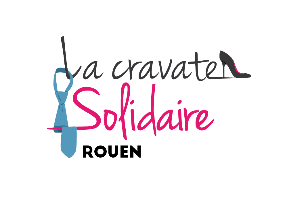 Logo de l'association de la Cravate Solidaire. Le logo est représenté sur un fond blanc avec le mot, la Cravate avec un "e" suivi d'une escarpin. Ensuite, le mot Solidaire ou le S est représenté comme un chausse-pied où repose une cravate. Les couleurs utilisés dans le logo sont le gris pour épeler la Cravate, puis le rose pour Solidaire et enfin, le noir pour Rouen.