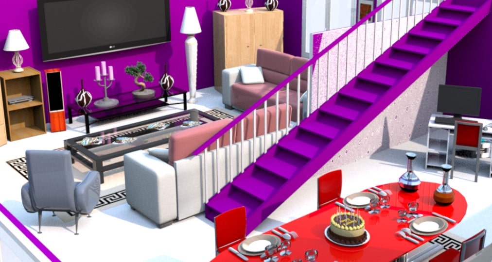 Zoom sur le salon de la maison au mur violet. Mise en avant des couverts de la table, du gateau d'anniversaire, de la table basse et des magazines et d'enceinte vers le midi.