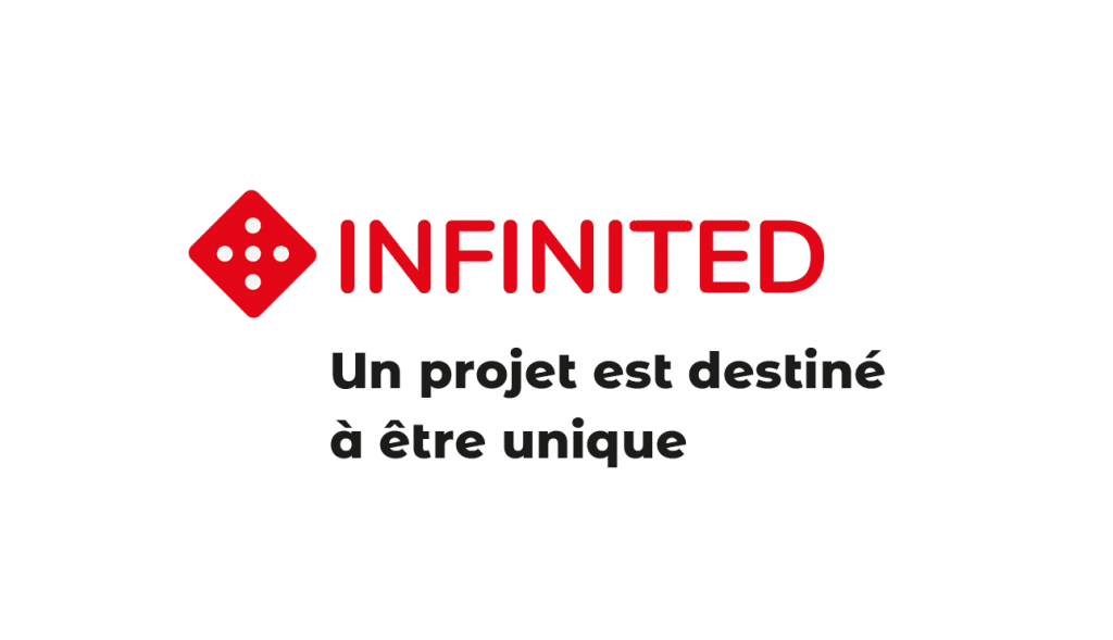 Logo Infinited en lien avec le site de la galerie d'art. Ce logo est représenté sur fond blanc avec une typographie sans empattement. Un dé de couleur rouge au point blanc mettant en avant le chiffre 5 est à la gauche du mot, Infinited. Le mot Infinited est de couleur rouge où l'on peut retrouver la phrase, un projet est destiné à être unique, de couleur noir en dessous de celui-ci.