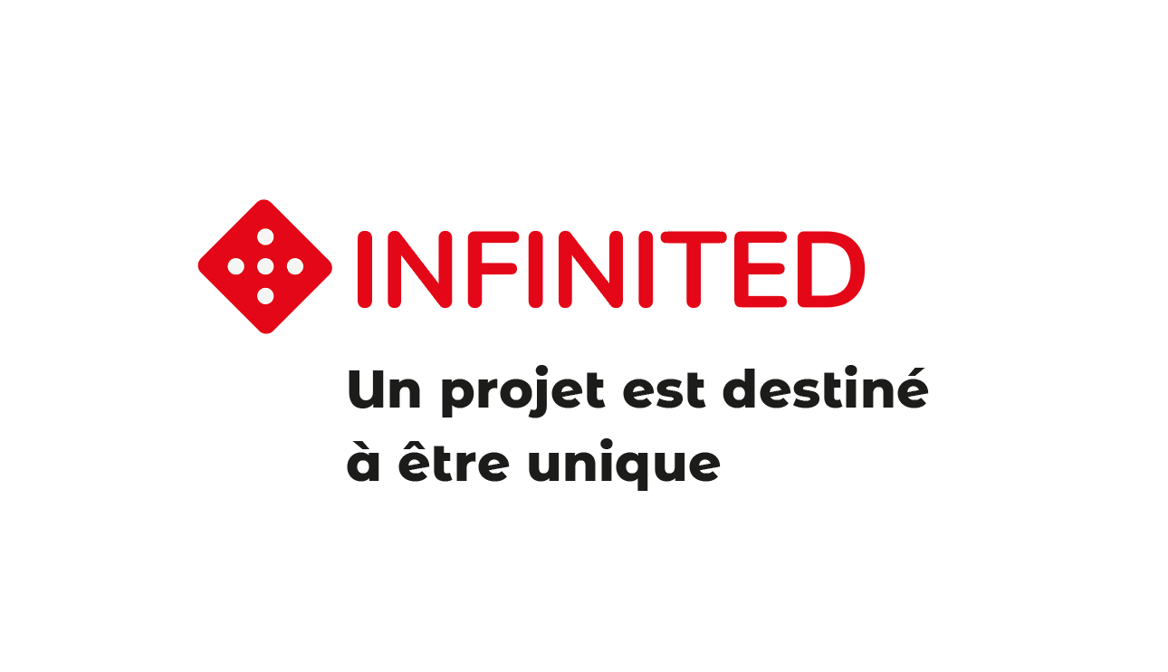 Logo Infinited en lien avec le site de la galerie d'art. Ce logo est représenté sur fond blanc avec une typographie sans empattement. Un dé de couleur rouge au point blanc mettant en avant le chiffre 5 est à la gauche du mot, Infinited. Le mot Infinited est de couleur rouge où l'on peut retrouver la phrase, un projet est destiné à être unique, de couleur noir en dessous de celui-ci.