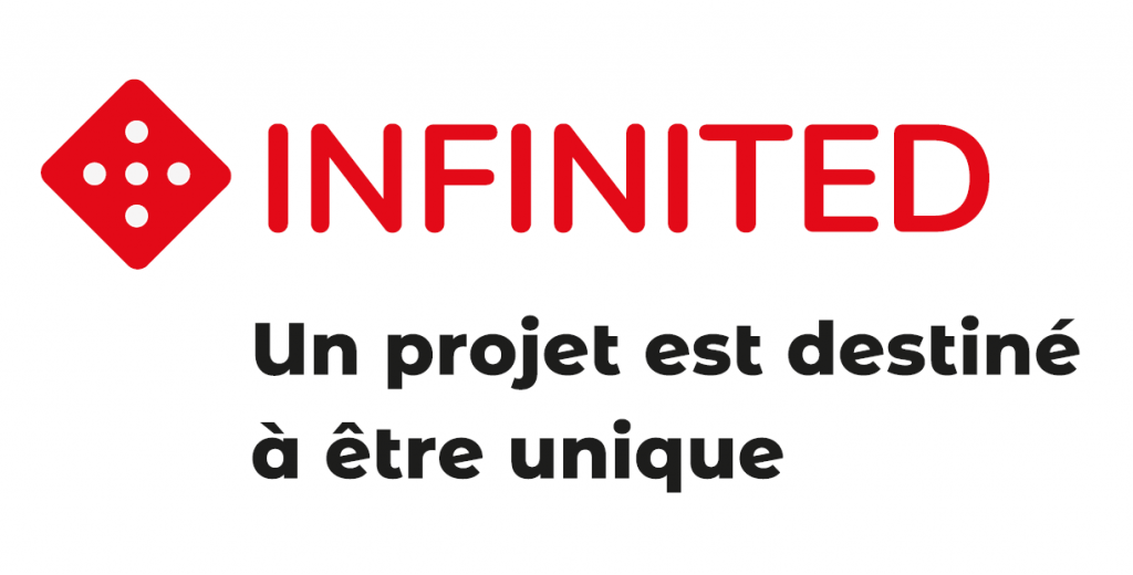 Logo Infinited en lien avec le site de la galerie d'art. Ce logo est représenté sur fond blanc avec une typographie sans empattement. Un dé de couleur rouge au point blanc mettant en avant le chiffre 5 est à la gauche du mot, Infinited. Le mot Infinited est de couleur rouge où l'on peut retrouver la phrase, un projet est destiné à être unique, de couleur noir en dessous de celui-ci.