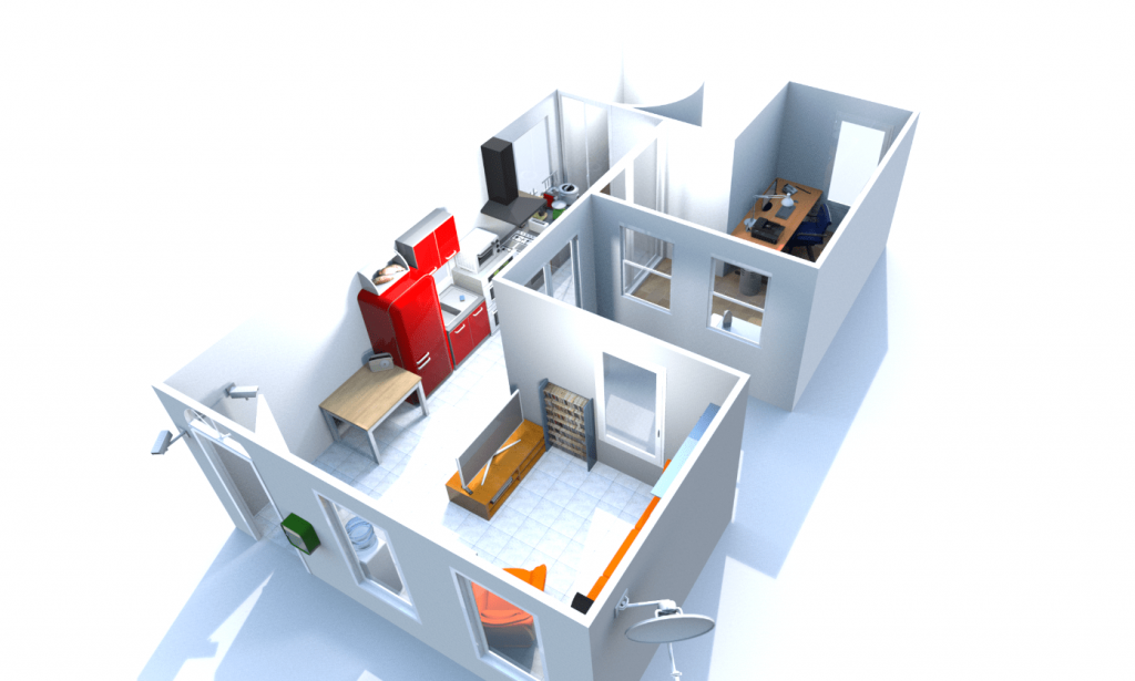 Maquette représentant l'architecture intérieur d'une maison fictive. La maison fait environ 30mètres carré avec une cuisine moderne, un petit salon, un placard pour le ménage et un bureau de travail.