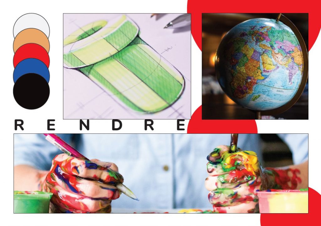 Moodboard composé d'une image d'un globe terrestre, d'un dessin et de mains couverte de peinture, tenant un stylo et un pinceau. Typographie simple, sans empattement, de couleur noir, dévoile le mot sobre. Une palette de couleur mélangeant du blanc, du beige, du rouge, du bleu et du noir.