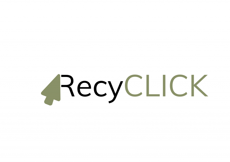 Logo Recyclick en lien avec le projet anti-gaspillage. Le R, du début du logo est coupé par un curseur de souris vert au niveau de sa ligne vertical, à sa droite. Le mot Recy, de couleur noir avec une typographie sans empattement fait un lien avec le recyclage. La seconde partie du logo, Click, de couleur verte clair, proche du gris met en avant cet aspect du digital.