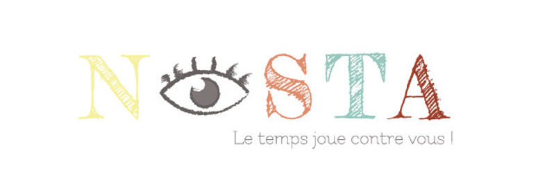 Logo Nosta sur fond blanc. Le N est de couleur jaune, le O est représenté par un oeil, le S est un vieux rose, le T est turquoise et le A est un rose foncé, proche du rouge. Phrase qui rythme le logo, le temps joue contre vous. La typographie est de style manuscrite, comme un dessin.