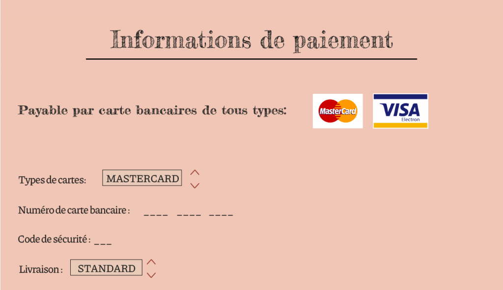 Page référencant toutes les informations de paiement par carte bancaire (titulaire du compte, numéro de carte)